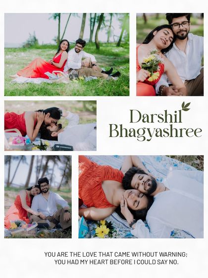 A collection of tender moments from a picnic shoot, showing the couple relaxing and enjoying each other's company in a natural, outdoor setting.