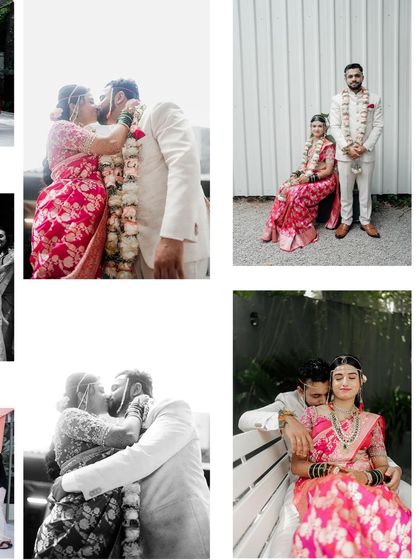 A collage of a couple sharing kisses and tender moments on their wedding day. These photos beautifully capture the love and intimacy of the celebration.