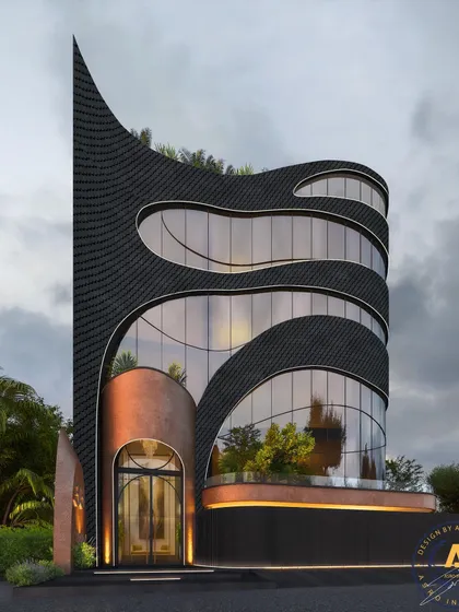 For this multipurpose commercial building on Link Road, Delhi, I used the principles of fluid architecture. The facade's sleek aluminum shingles and glass create flowing, unconventional lines, making a bold statement in a premium commercial locality.