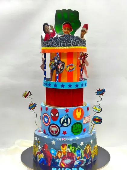 A closer look at the Avengers carousel cake, a huge and complex creation that was a big hit at the birthday party.