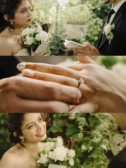A collage detailing the emotional moments of an elopement. It shows the bride listening to vows, the exchange of the ring, and her joyful reaction, telling the core story of their commitment.