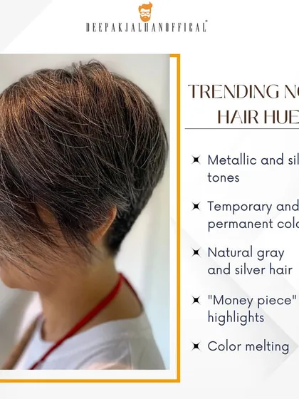 This infographic highlights trending hair hues, including the metallic and silver tones seen in this edgy pixie cut.