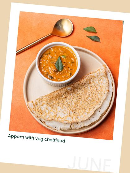 From our June menu, this is our Appam with Veg Chettinad. It's a wholesome, hearty, and nourishing South Indian dish that we've made clean and healthy for you.