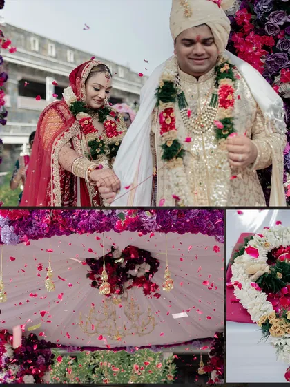 The couple holding hands after the Varmala ceremony, surrounded by a cascade of flowers. The mandap was adorned with enchanting hues of pink and purple.