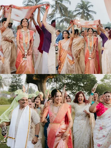 A collage of the bride's procession, showing her walking under a traditional cloth held by her family and celebrating with them.