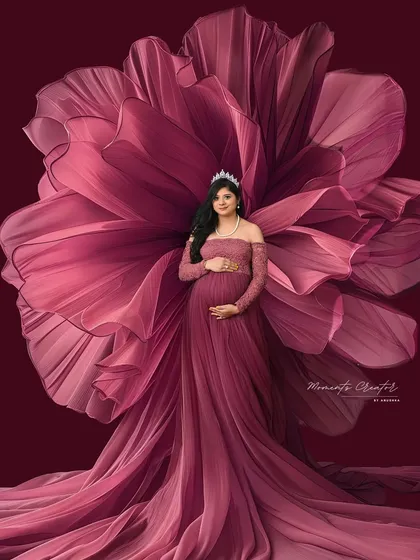 A portrait fit for a queen. This image showcases one of the magnificent gowns from my client wardrobe, paired with a dramatic floral prop to create a truly regal and high-fashion maternity photograph.