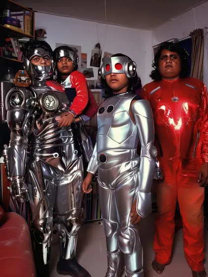 A vintage family portrait from the 'Deception ‘97' series, where some family members are in shiny robot costumes. This series creates a strange, unsettling family album.