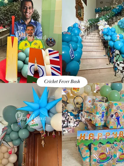 A collage of our 'Cricket Fever Bash' ideas. It shows how we incorporate everything from player posters and custom name blocks to themed party favors and balloon arrangements to celebrate the sport.