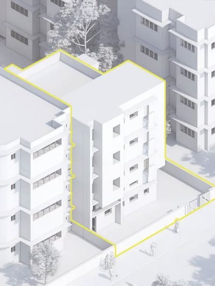 An isometric "clay" render of 'Project 42', showing the building's massing and context before materials are applied. This helps in studying the form and its relationship with the neighboring structures.