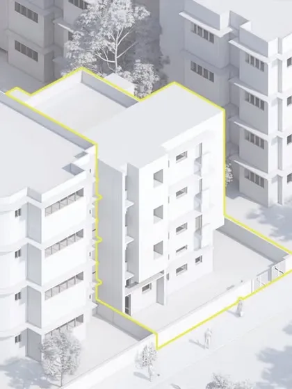 An isometric "clay" render of 'Project 42', showing the building's massing and context before materials are applied. This helps in studying the form and its relationship with the neighboring structures.