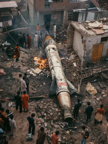 A ground-level view of a rocket crash site. This kind of imagery helps establish the gritty, dangerous atmosphere of Rocketganj, providing a stark contrast to the futuristic dreams the town is built on.