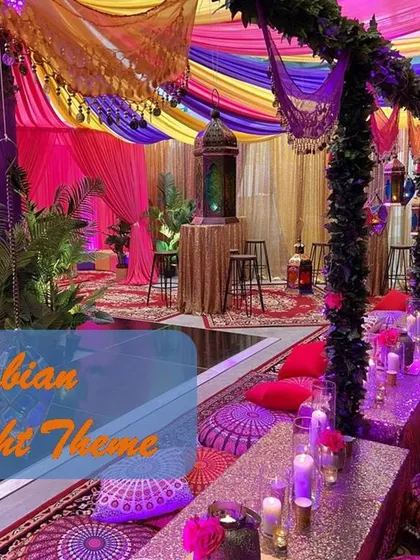 We transformed this space into an enchanting Arabian Night. The decor features rich, colorful drapery, low seating with plush cushions, intricate lanterns, and ambient candlelight to create an immersive and luxurious atmosphere for an adult theme party.