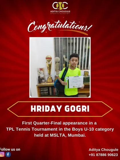 Congratulations to Hriday Gogri on his first quarter-final appearance in a TPL Tennis Tournament in the Boys U-10 category. We are super proud of his progress.