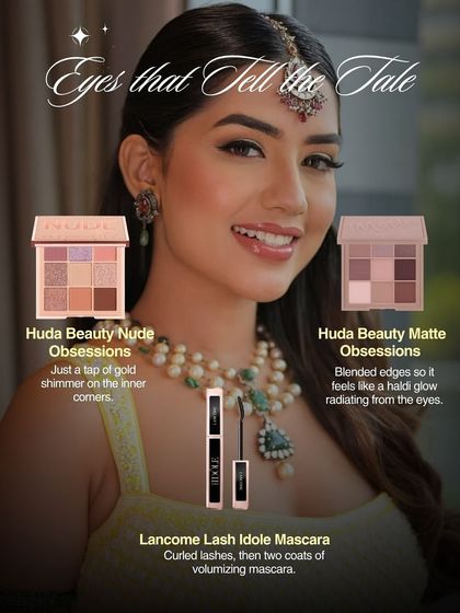 Eyes that tell the tale. This graphic shows the eyeshadow palettes and mascara used to create a soft, radiant eye look with a tap of gold shimmer in the inner corners.