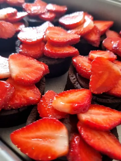 A tray of our chocolate strawberry tarts, fresh from the kitchen. The response to these has been overwhelming, and they sell out fast.