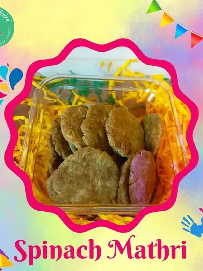 Our Spinach Mathri is a healthy and colorful addition to our Holi snack range. It's made with fresh spinach and whole wheat flour.