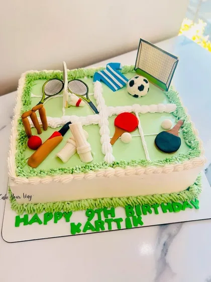 A cake for the ultimate champ, featuring cricket, football, badminton, and table tennis.