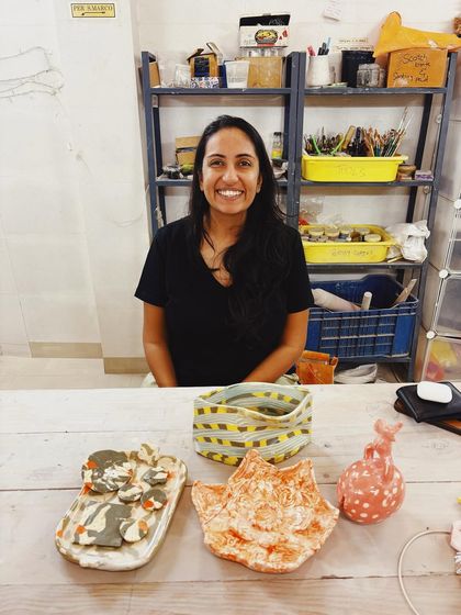 In the advanced course, this student fell in love with Nerikomi. She created the most delightful compositions with checks, stripes, and flowers, like this whimsical elephant bell and marbled platters.