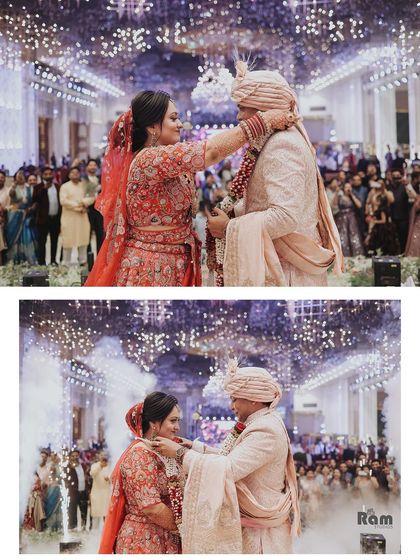 A collage of the Varmala ceremony, set against a backdrop of twinkling lights. The images capture the joy and celebration of this key wedding moment.