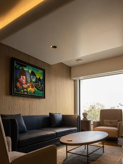 The personal office for the apex management features an upscale material palette including wood paneling and leather furniture. The space is curated with fine art to reflect the cultural inclinations of the promoters.