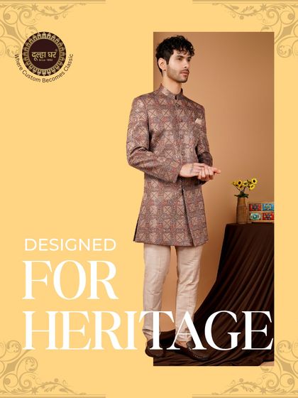 Designed for heritage. A full look of the brown patterned Indo-Western sherwani, framed to emphasize its cultural and stylish significance.