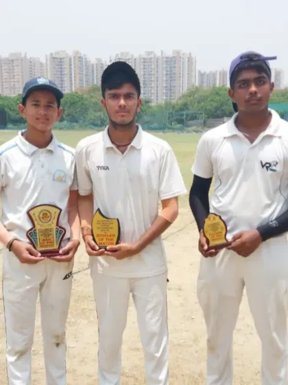 Here are our award winners from the U-16 tournament: Himanshu Rawat (Man of the Match), Garv Gaur (Best Fielder), and Shashwat Chandravanshi (Best Bowler). A proud moment for the academy.