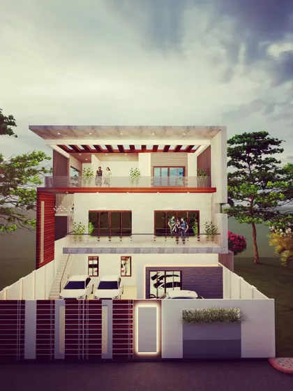 An elevation design concept for a luxury villa. This render highlights spacious, open-air terraces and large glass windows, blurring the line between indoor and outdoor living while maintaining a clean, contemporary aesthetic.