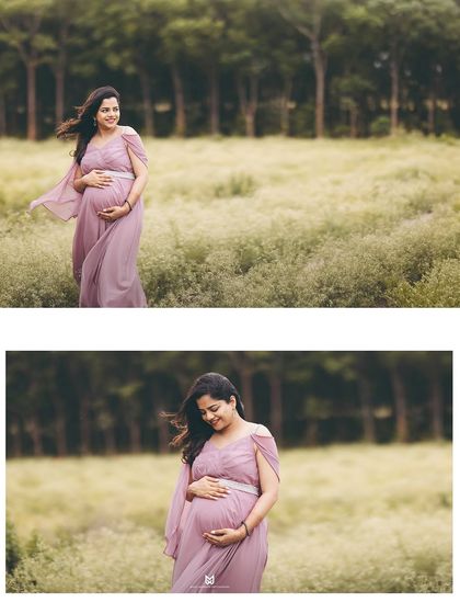 A diptych of solo maternity portraits. These shots capture the beauty of the mother-to-be from different perspectives as she enjoys the peaceful outdoor setting.