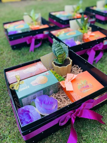 An alternate angle of the corporate Diwali boxes, showing the neat arrangement of items. These were sent as favors to our client's partners, reinforcing professional relationships.