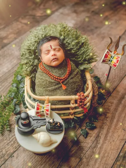 For families wanting to celebrate their heritage, I offer creative cultural themes like this 'Little Mahadev' setup. We can design a unique, meaningful portrait for your baby.