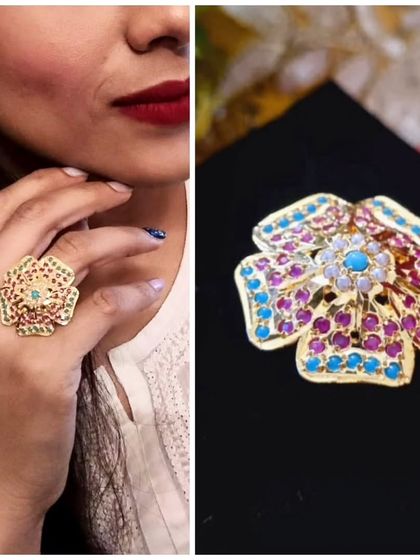 A collage showing the 'Anokhi' ring being worn. It's a bold and beautiful piece that is sure to get noticed.