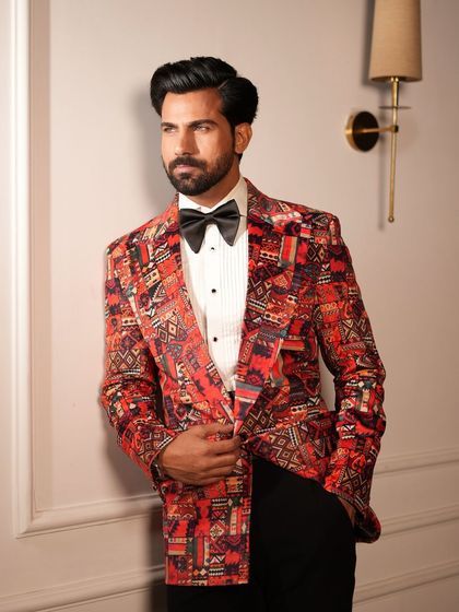 A profile view showcasing the silhouette of our unique Cantaloupe Tuxedo.