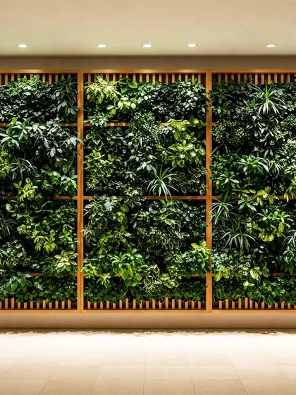 An indoor green wall with a wooden grid frame. The design segments the vertical garden into panels, adding a structured, architectural element to the natural look.