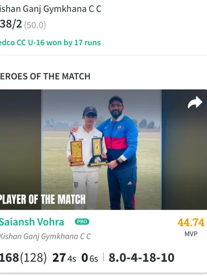The official scorecard recognizing Saiansh Vohra as 'Player of the Match' for his unbelievable 168 runs and 10 wickets.