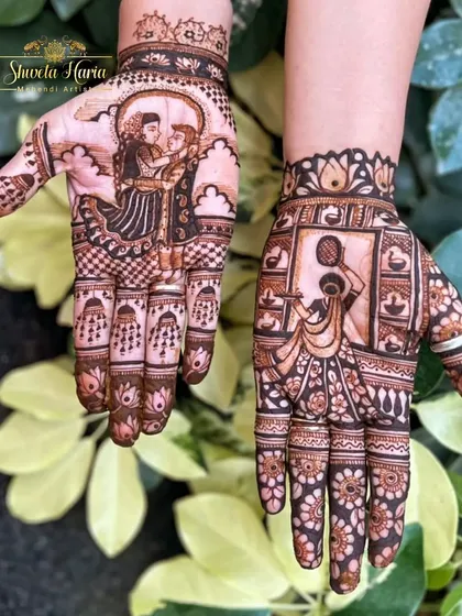 Celebrate festivals like Karwachauth with a design that tells your love story. This henna art features a romantic portrait of a couple in a traditional embrace on one palm, and a depiction of the Karwa ritual on the other, blending personal figures with festive symbolism.