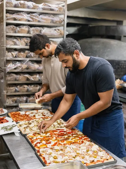 Our founders meticulously topping the large trays of Pizza Romana, getting ready for the pop-up event.