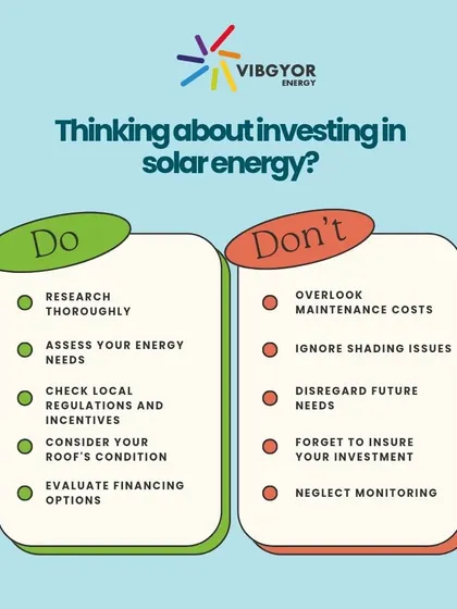 Thinking about investing in solar? This guide of Do's and Don'ts covers key considerations, from researching thoroughly and assessing your energy needs to not overlooking maintenance costs or shading issues.