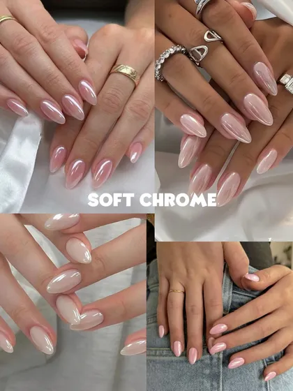 The soft chrome or 'glazed donut' nail is one of the biggest trends, and it's perfect for a modern bride. This collage shows different variations, from soft pinks to pearly whites, all delivering that signature glossy, high-shine, and effortlessly chic finish.