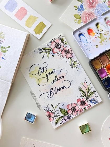 "Let your ideas bloom." A beautiful, inspirational piece combining line-and-wash florals with modern calligraphy, created with my favorite watercolor set.