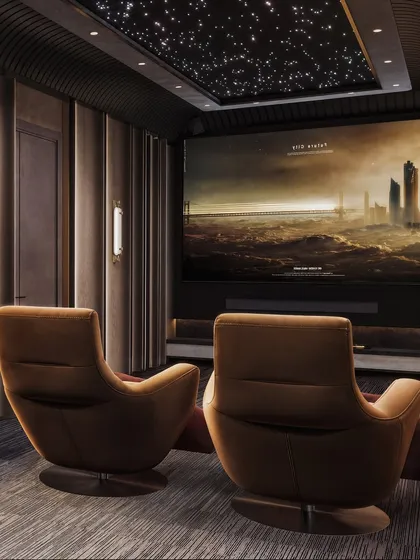 A private entertainment room, where the render focuses on the large screen and comfortable leather chairs. The starlight ceiling is visualized to create an immersive cinematic experience.