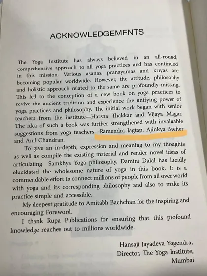 A truly blessed moment to see my name in a book from The Yoga Institute, right next to my master, Ramendra sir. I am forever grateful to my teachers.