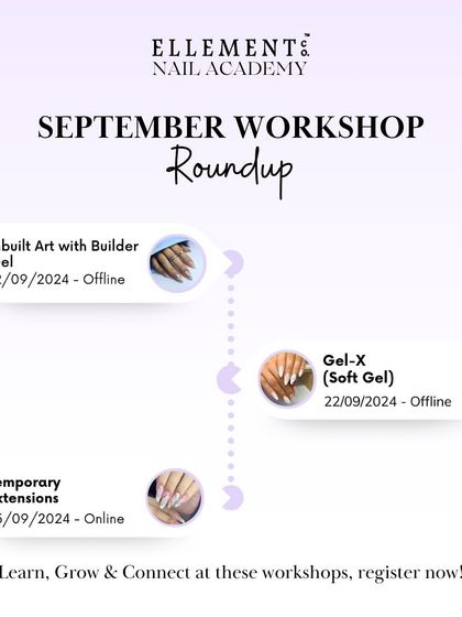September is packed with learning opportunities. Our workshops cover Inbuilt Art with Builder Gel, Gel-X, and Temporary Extensions, with a 10% discount if you register for all three.