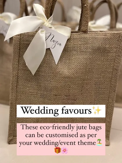 An example of how our eco-friendly jute bags can be customized to fit a wedding or event theme, making for a perfect and sustainable wedding favor.