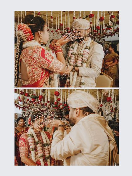 A collage showing the couple showering each other with rice during the Akshata ritual.