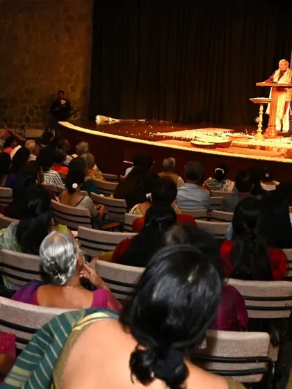 The view from the audience as Ashok Vajpeyi delivers his lecture, "Dancing Away," at the India International Centre.