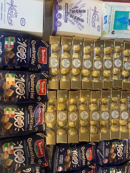 Celebrating a new life with sweet gestures. These are some of the goodies, like Ferrero Rocher and Loacker Quadratini, that went into a newborn announcement favor.