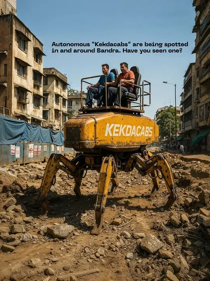 An autonomous 'Kekdacab' navigates a rubble-filled street. This is my take on future public transport, designed to handle the perpetually broken roads of Mumbai.