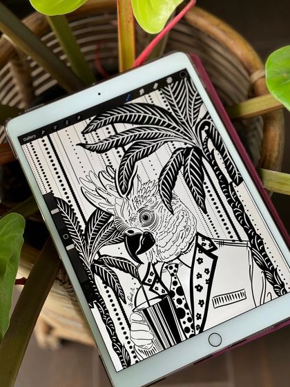 Mr. Parrot is suited up and ready for the weekend. This black-and-white doodle gives a sophisticated yet fun personality to a tropical bird.
