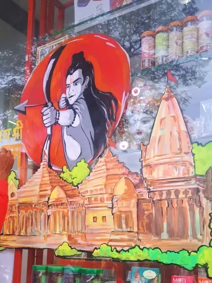 A shot of the Ram Mandir glass painting in progress. Even during the creation, the spirit of the artwork shines through.