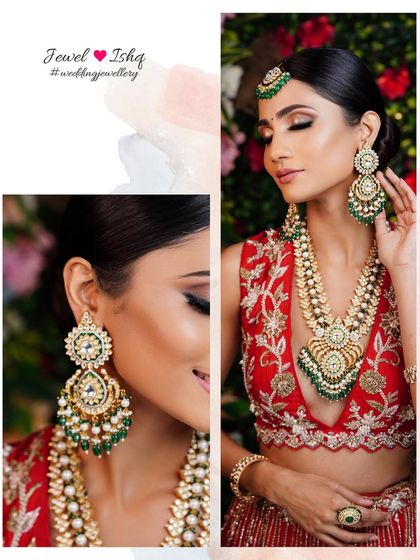 A collage highlighting the statement earrings and the layered pearl and kundan haar. The intricate design and green drops add a touch of royalty.